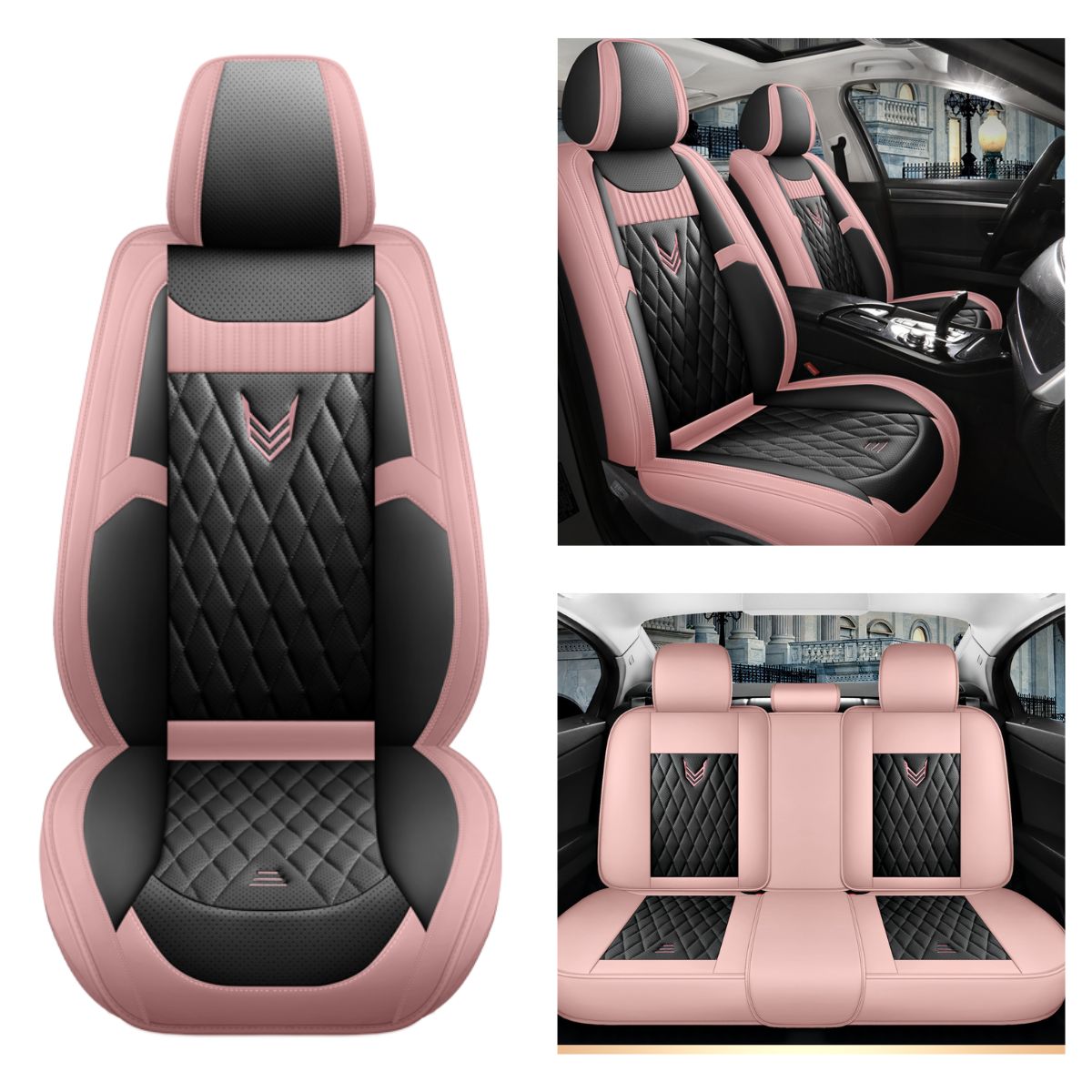 Universal Fit Car Seat Cover Full Set for 5-Seater Sedan SUV Diamond Pattern Faux Leather Cushion Covers