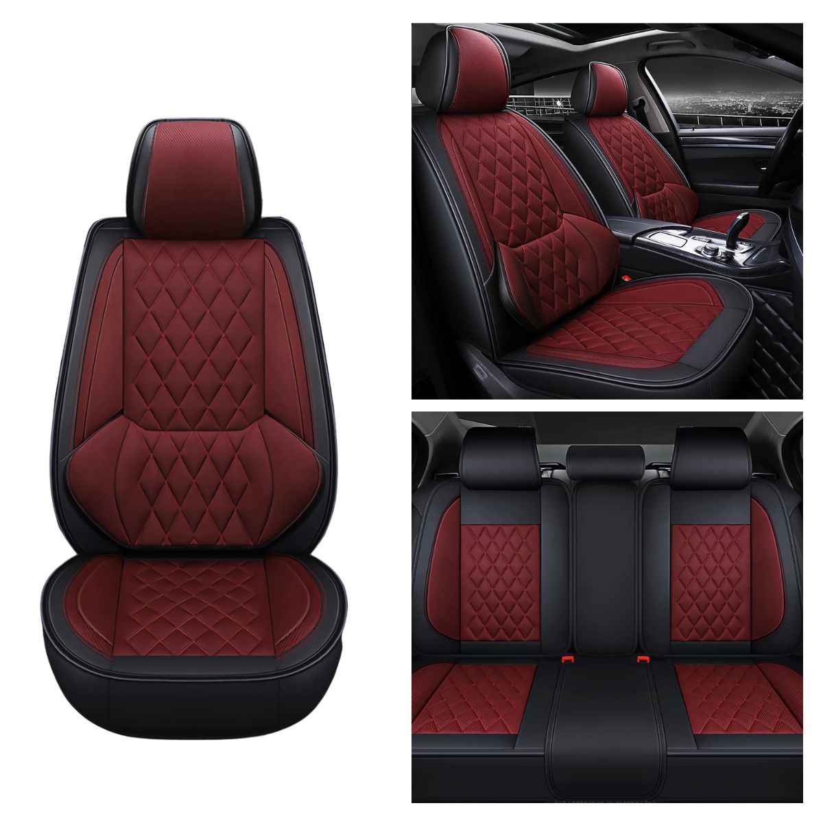 Universal Fit Faux Leather and Linen 5-Seater Car Seat Covers with Diamond Pattern and Integrated Waist Support