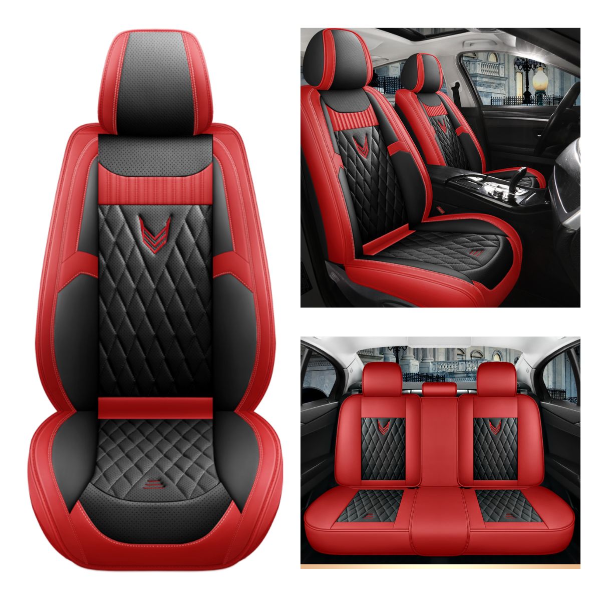 Universal Fit Car Seat Cover Full Set for 5-Seater Sedan SUV Diamond Pattern Faux Leather Cushion Covers