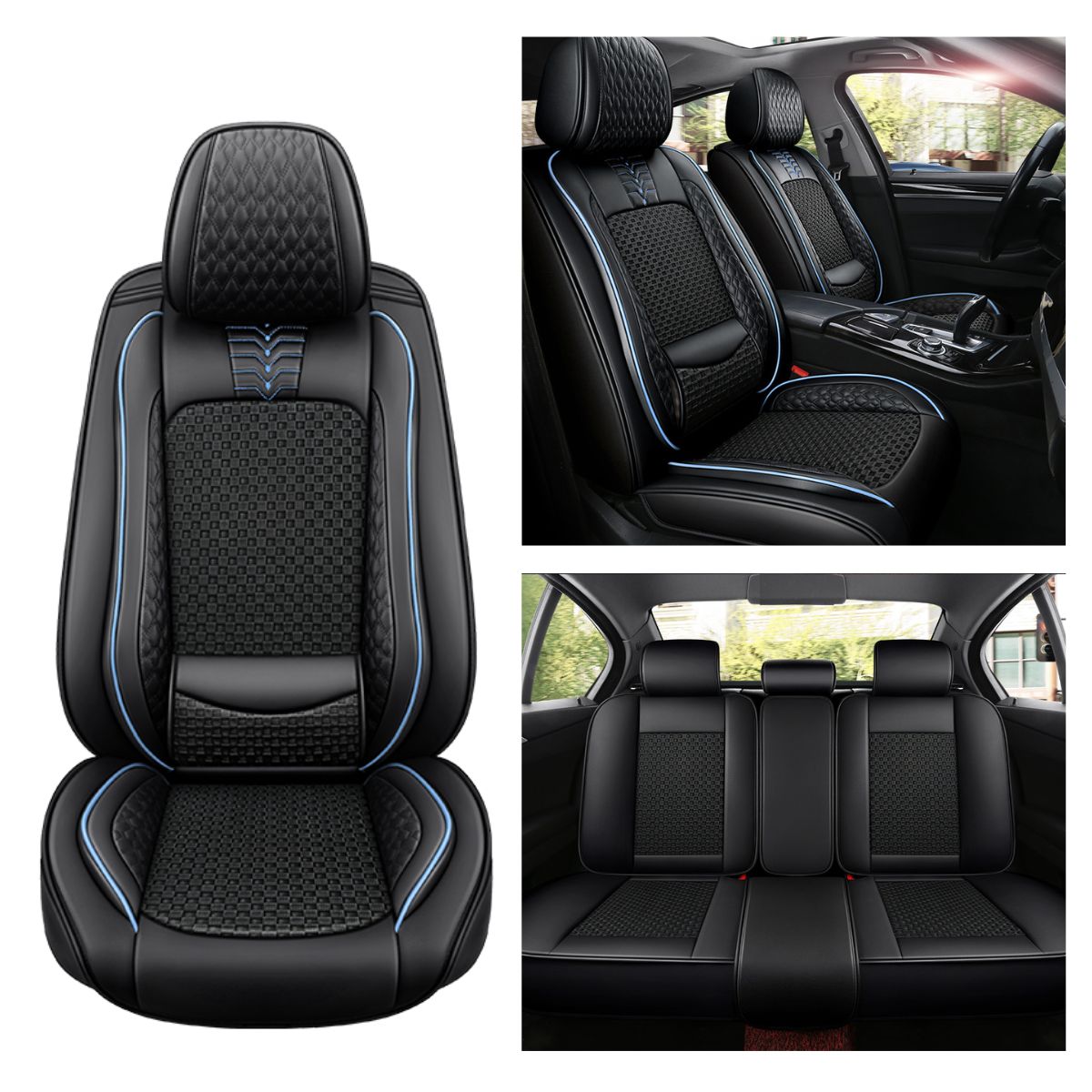 Cooling Fabric and Leatherette Car Seat Covers for 5-Seat Sedan SUV Universal Fit, Checkered Pattern