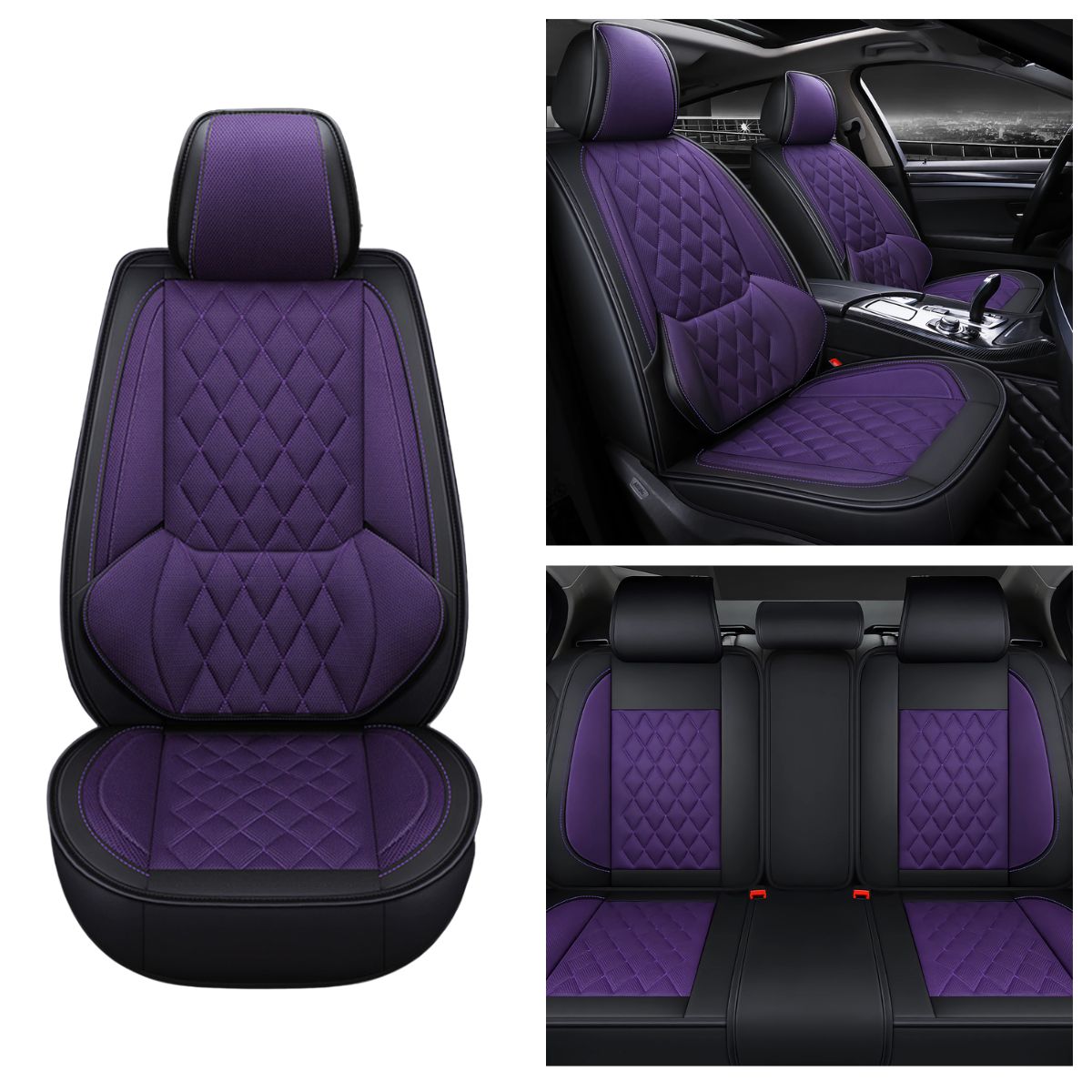 Universal Fit Faux Leather and Linen 5-Seater Car Seat Covers with Diamond Pattern and Integrated Waist Support