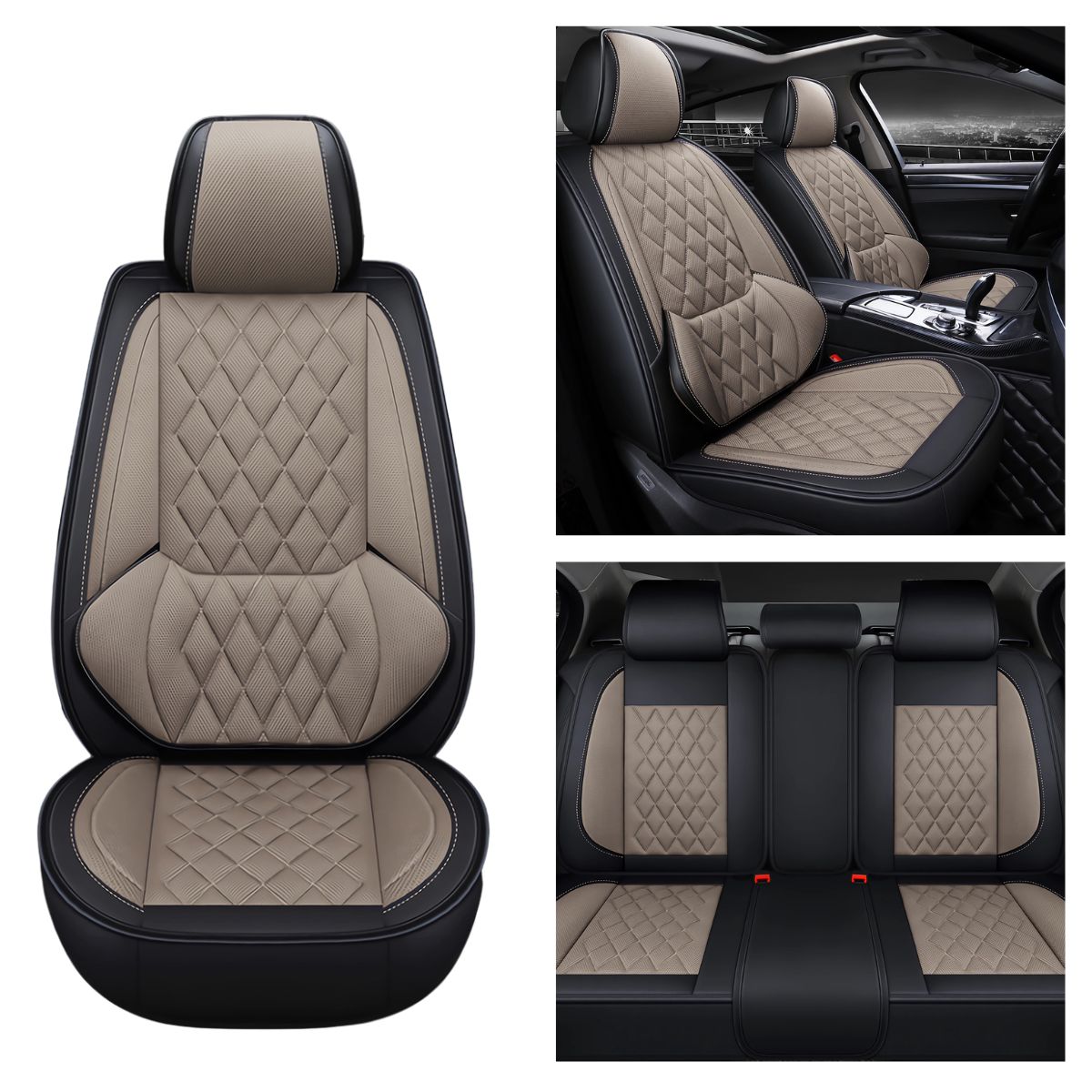 Universal Fit Faux Leather and Linen 5-Seater Car Seat Covers with Diamond Pattern and Integrated Waist Support