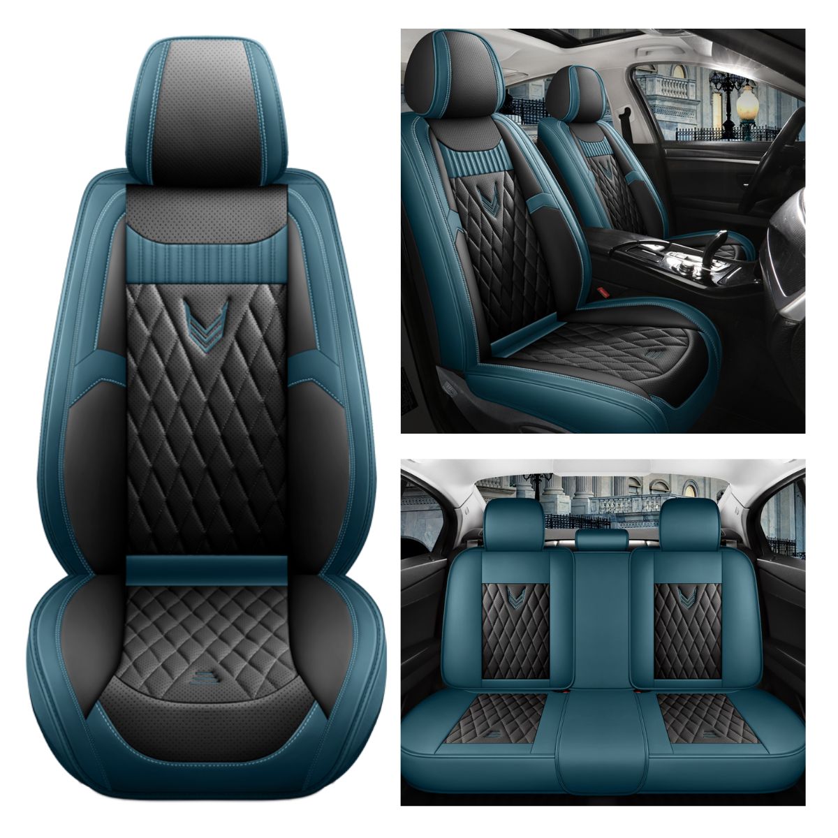 Universal Fit Car Seat Cover Full Set for 5-Seater Sedan SUV Diamond Pattern Faux Leather Cushion Covers