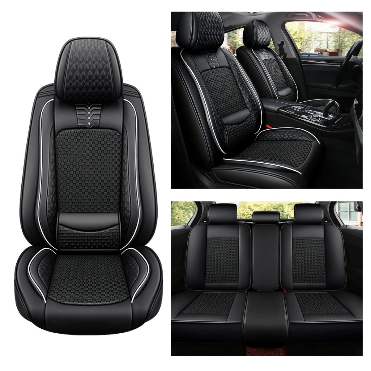 Cooling Fabric and Leatherette Car Seat Covers for 5-Seat Sedan SUV Universal Fit, Checkered Pattern