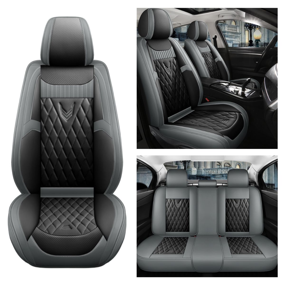 Universal Fit Car Seat Cover Full Set for 5-Seater Sedan SUV Diamond Pattern Faux Leather Cushion Covers