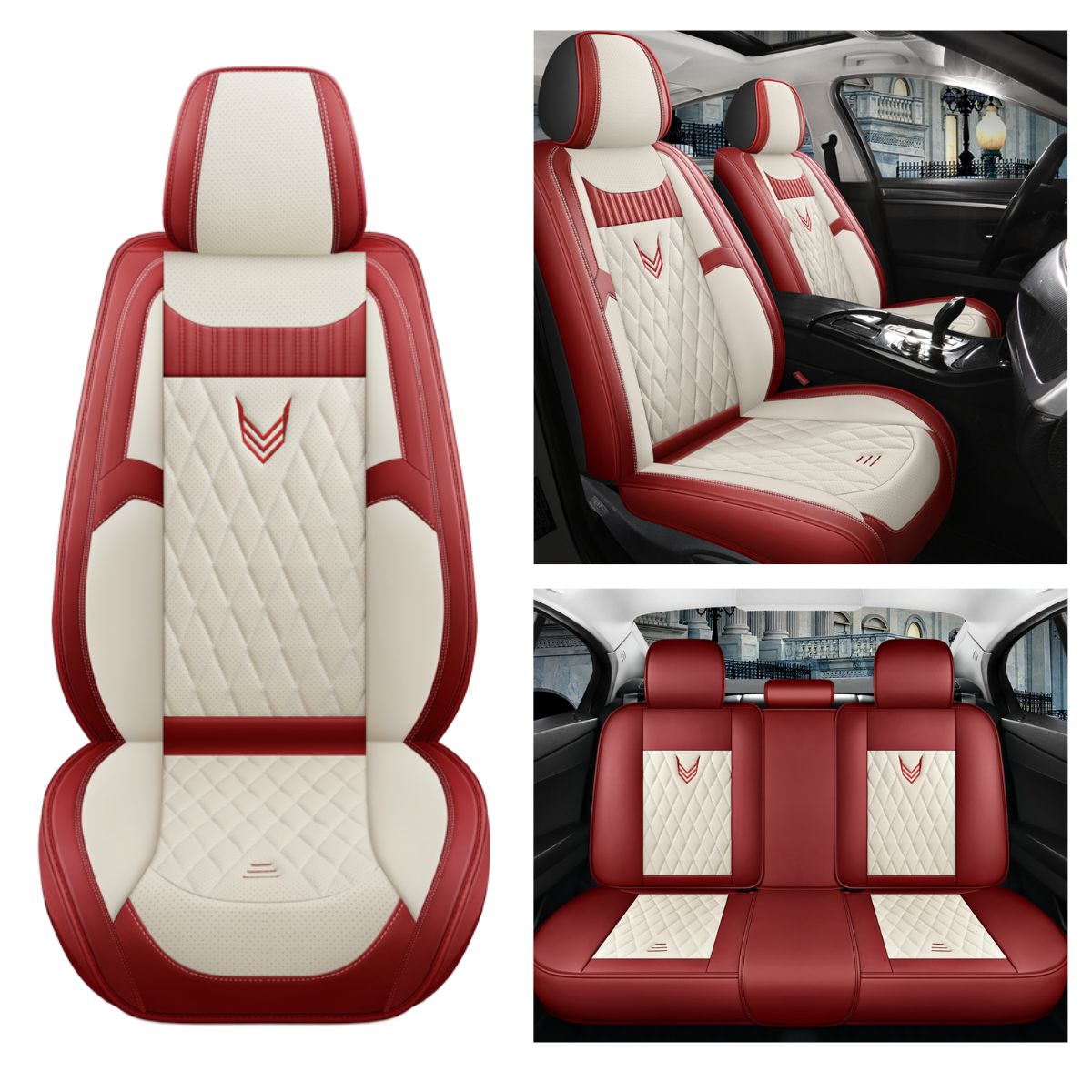 Universal Fit Car Seat Cover Full Set for 5-Seater Sedan SUV Diamond Pattern Faux Leather Cushion Covers