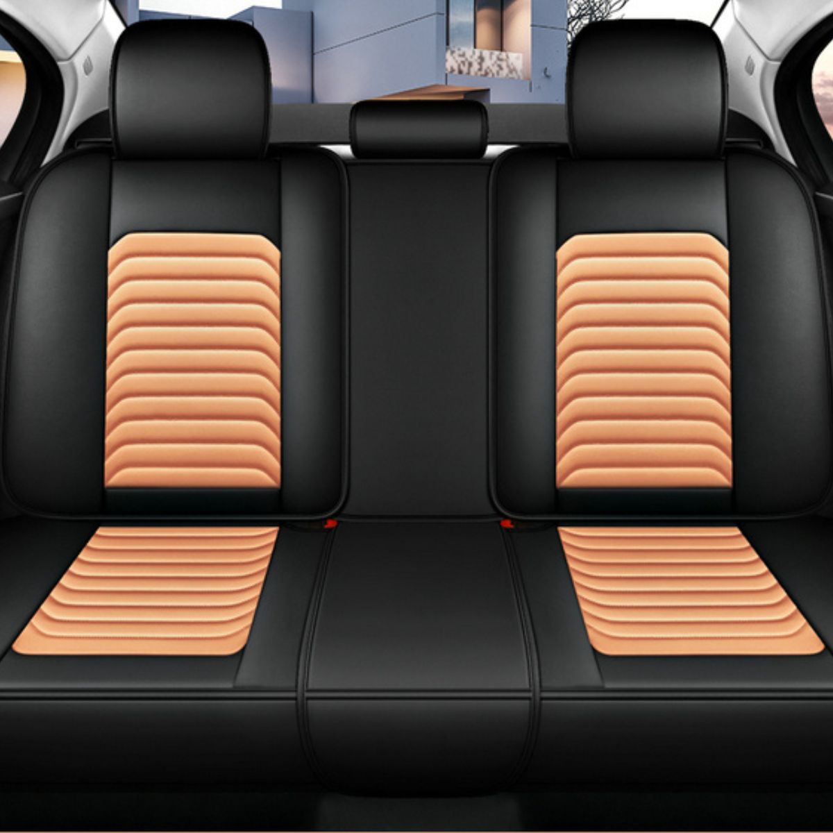 Faux Leather Bar Stripe Pattern Car Seat Covers Universal Fit for 5 Seater Sedans SUV Full Set