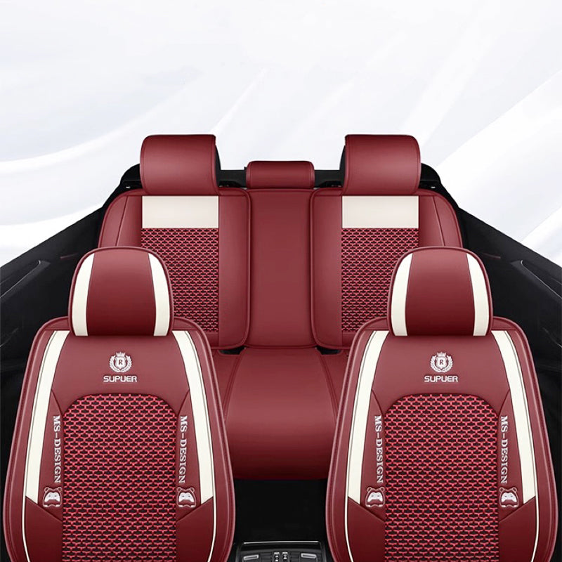 Cooling Fabric and Faux Leather Car Seat Covers with Knot Weave Pattern Universal Fit for 5-Seat Cars