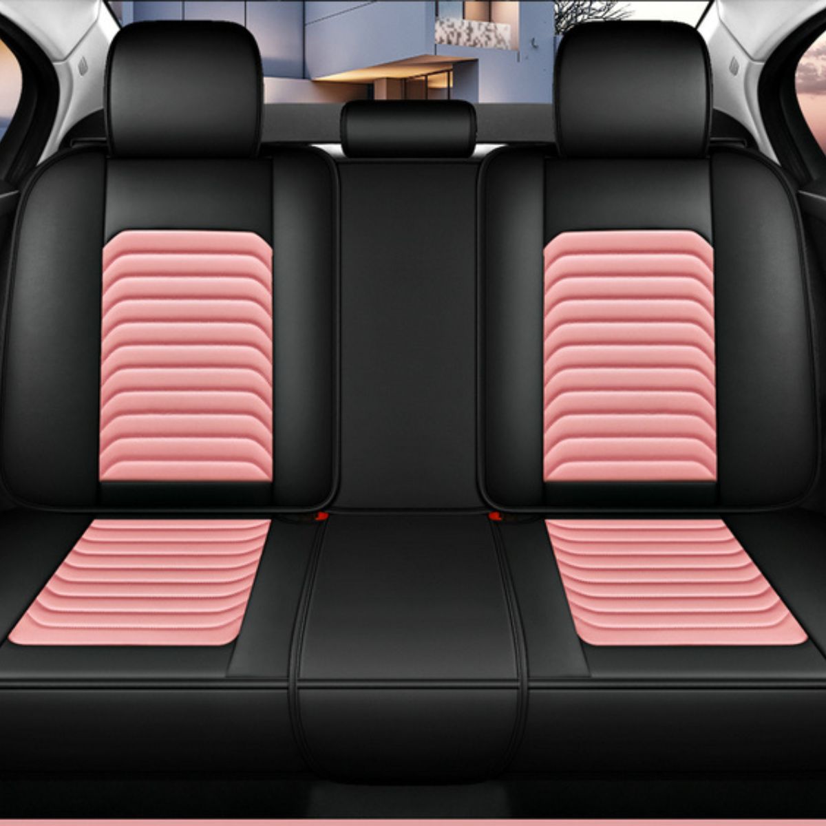 Faux Leather Bar Stripe Pattern Car Seat Covers Universal Fit for 5 Seater Sedans SUV Full Set