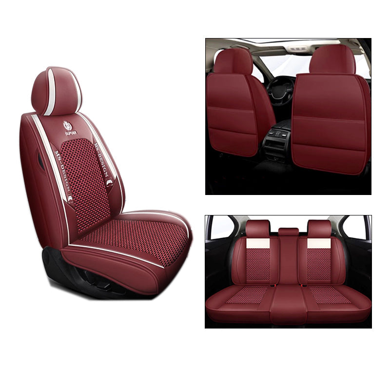 Cooling Fabric and Faux Leather Car Seat Covers with Knot Weave Pattern Universal Fit for 5-Seat Cars