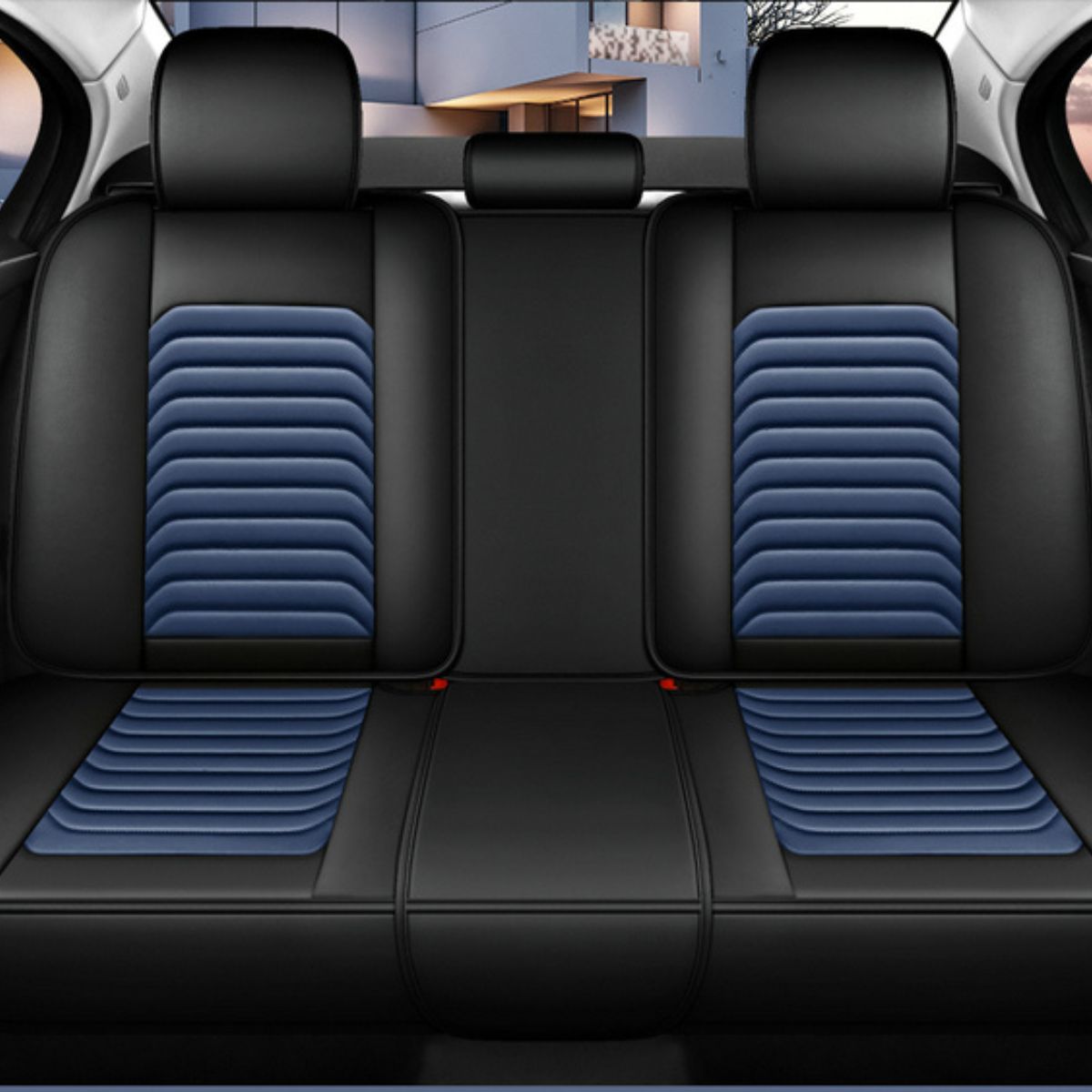 Faux Leather Bar Stripe Pattern Car Seat Covers Universal Fit for 5 Seater Sedans SUV Full Set