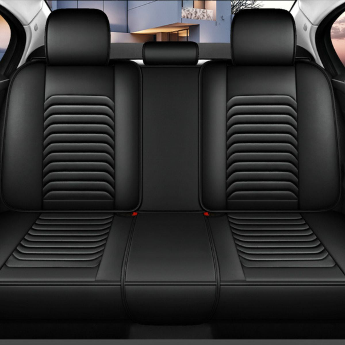 Faux Leather Bar Stripe Pattern Car Seat Covers Universal Fit for 5 Seater Sedans SUV Full Set