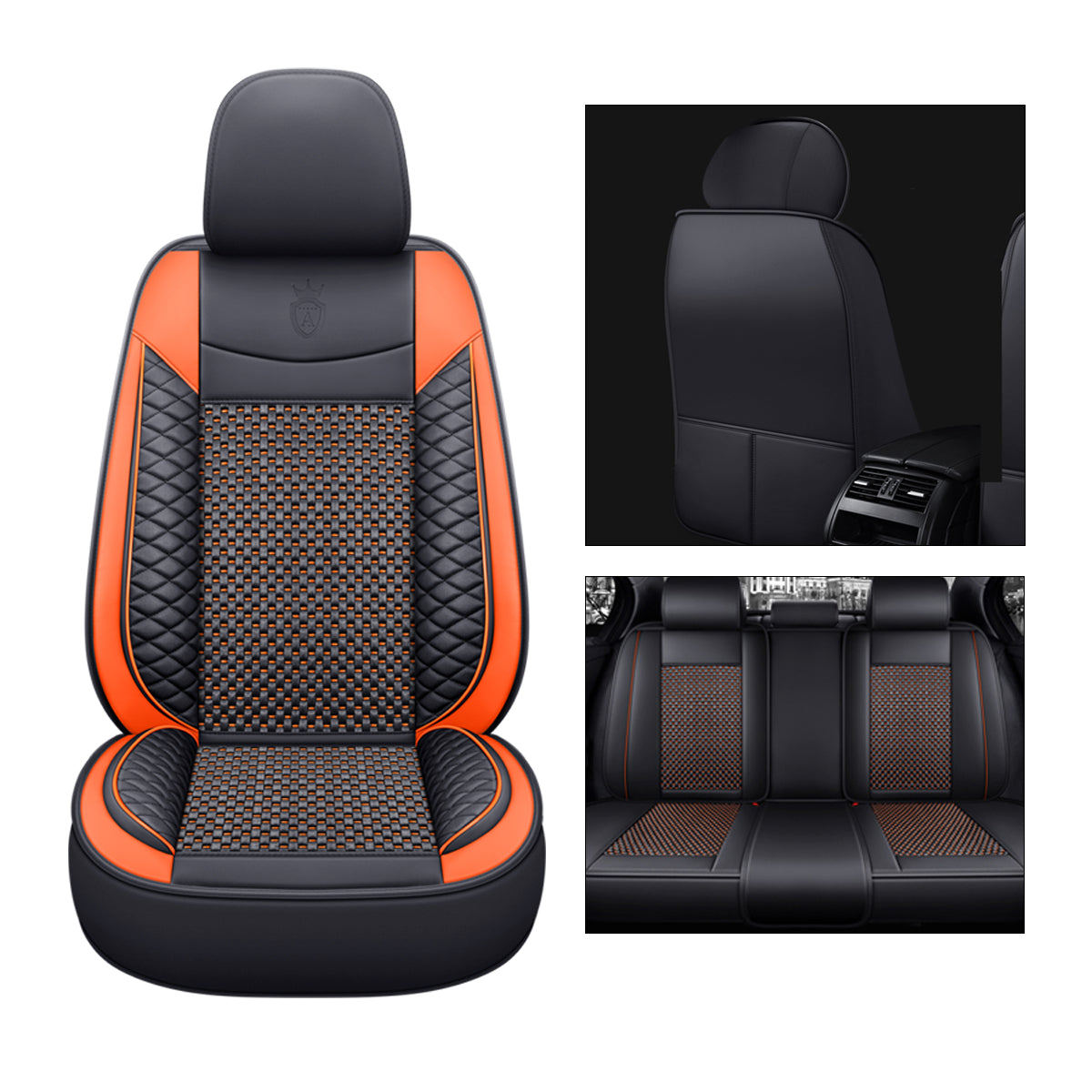 Cooling Fabric and Faux Leather 5-Seat Car Seat Covers with Basketweave Pattern Universal Fit