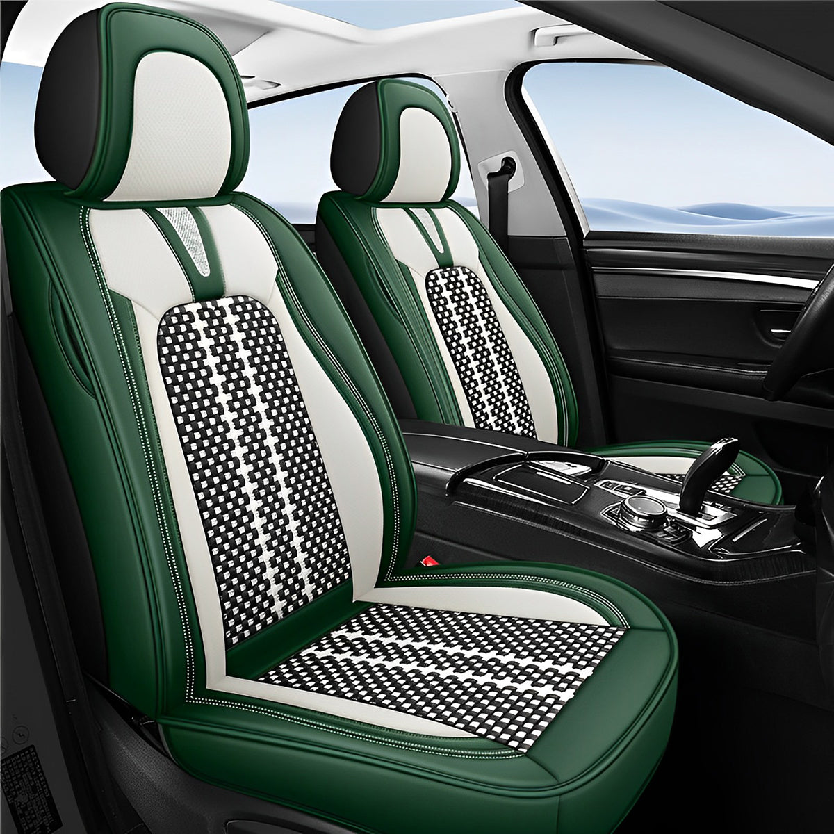 Universal Fit Car Seat Covers for 5 Seat Sedan SUV, Cooling Fabric and Faux Leather, Checkered Pattern