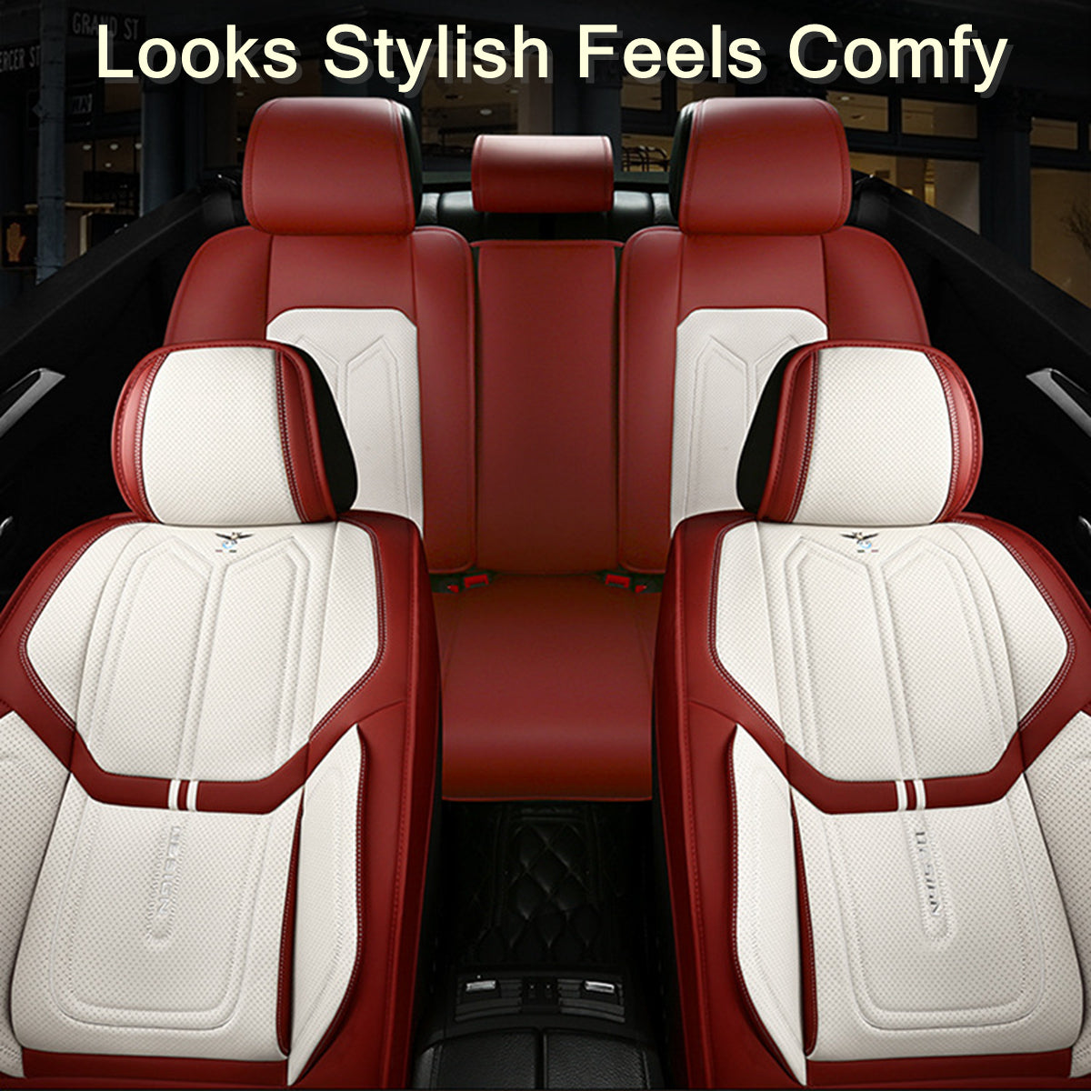 Faux Leather Geometric Pattern Car Seat Covers for 5-Seater Sedan SUV Full Set Universal Fit