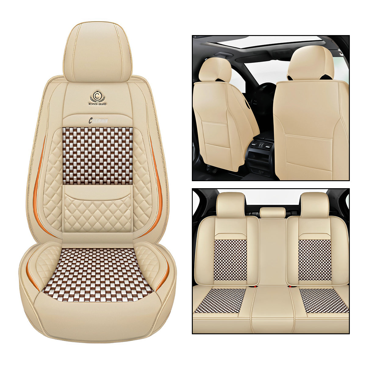 Cooling Polyester Fabric and Faux Leather Car Seat Covers with Checkered Pattern for 5-Seat Sedan SUV