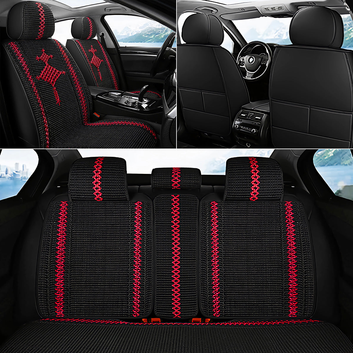 Cooling Fabric Basketweave Pattern Car Seat Covers for 5 Seat Sedan SUV Universal Fit Summer Use Cushion Cover