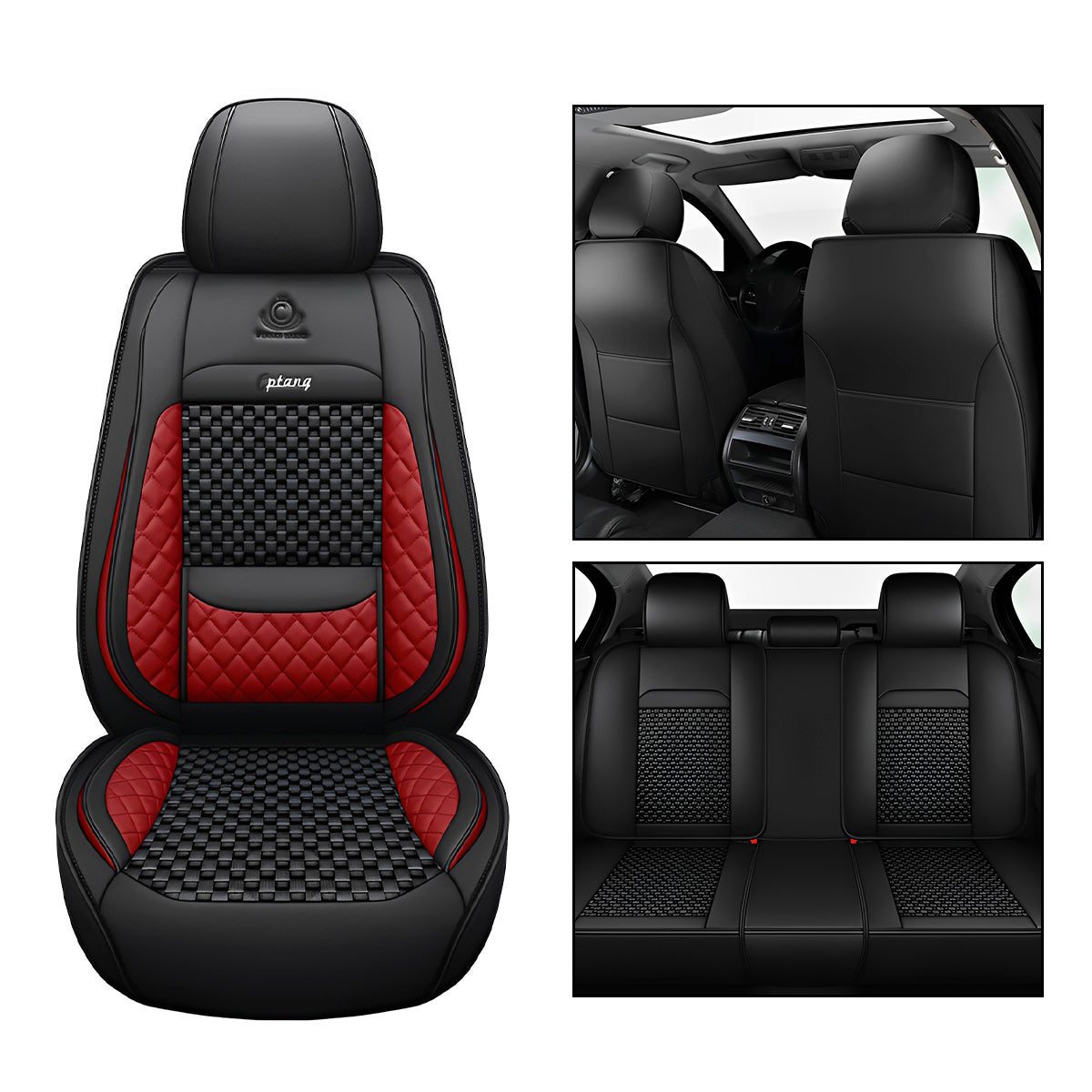 Cooling Polyester Fabric and Faux Leather Car Seat Covers with Checkered Pattern for 5-Seat Sedan SUV