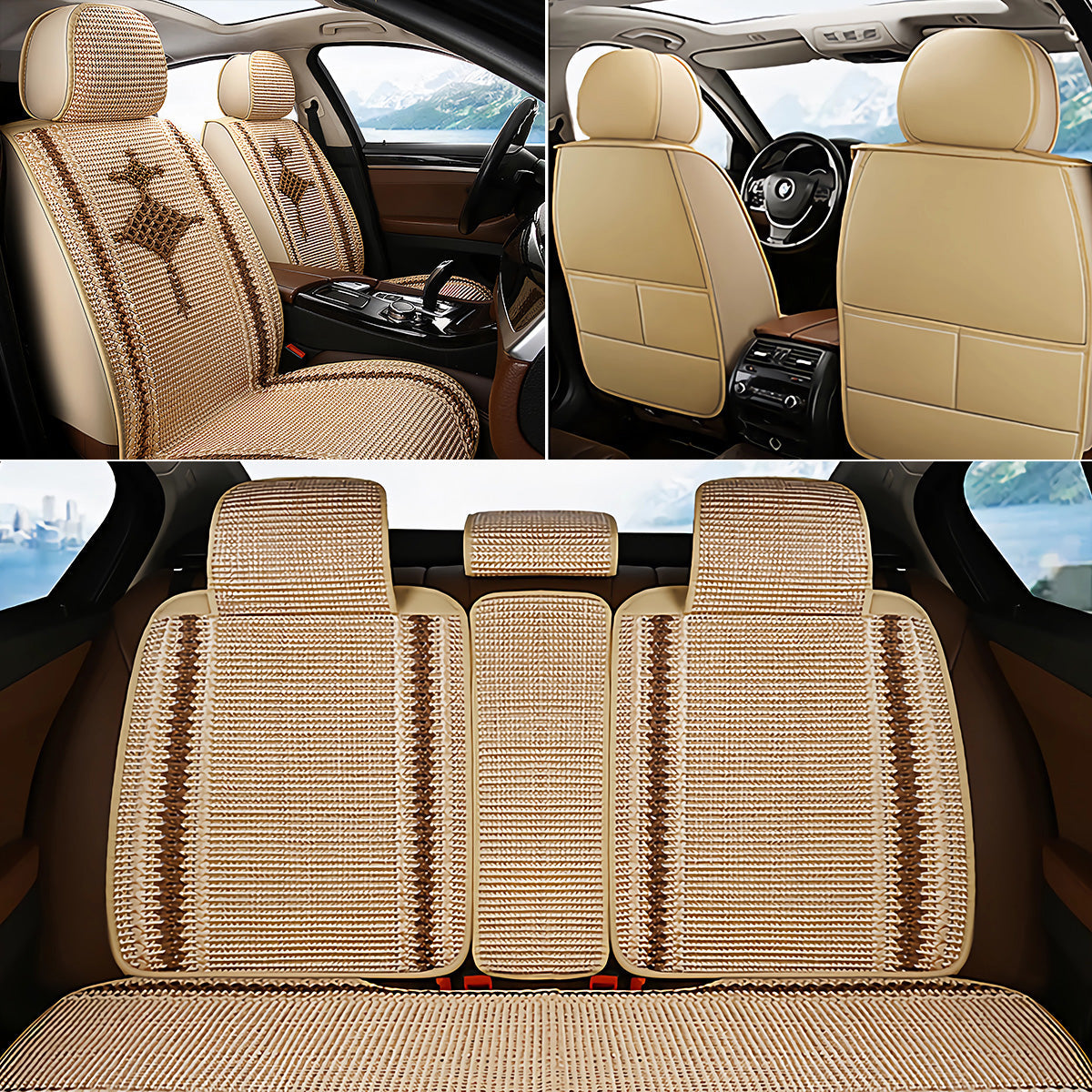 Cooling Fabric Basketweave Pattern Car Seat Covers for 5 Seat Sedan SUV Universal Fit Summer Use Cushion Cover