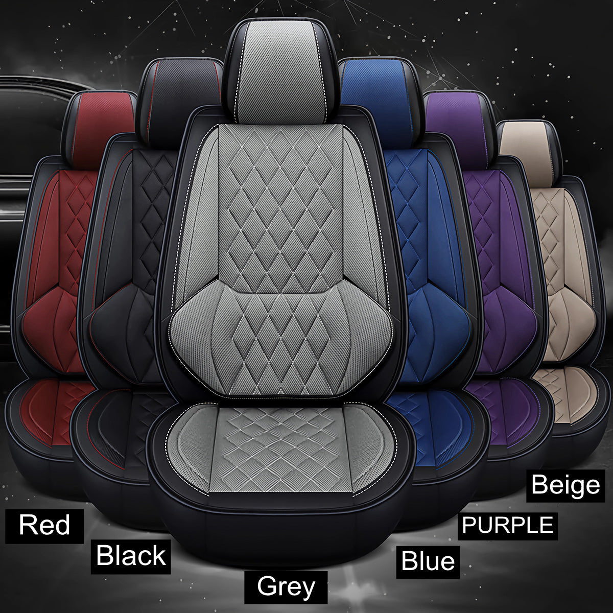 Universal Fit Faux Leather and Linen 5-Seater Car Seat Covers with Diamond Pattern and Integrated Waist Support