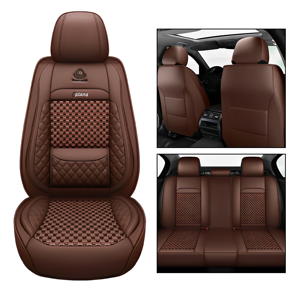 Cooling Polyester Fabric and Faux Leather Car Seat Covers with Checkered Pattern for 5-Seat Sedan SUV