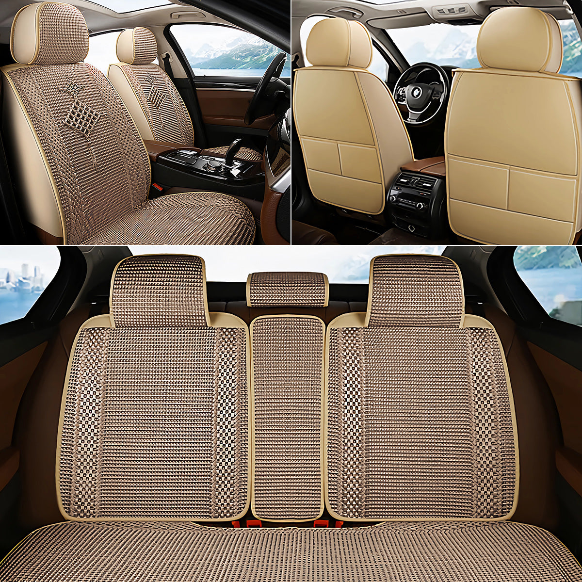 Cooling Fabric Basketweave Pattern Car Seat Covers for 5 Seat Sedan SUV Universal Fit Summer Use Cushion Cover