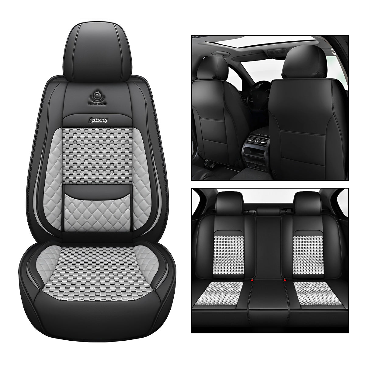 Cooling Polyester Fabric and Faux Leather Car Seat Covers with Checkered Pattern for 5-Seat Sedan SUV