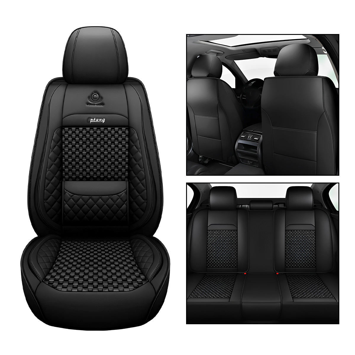 Cooling Polyester Fabric and Faux Leather Car Seat Covers with Checkered Pattern for 5-Seat Sedan SUV