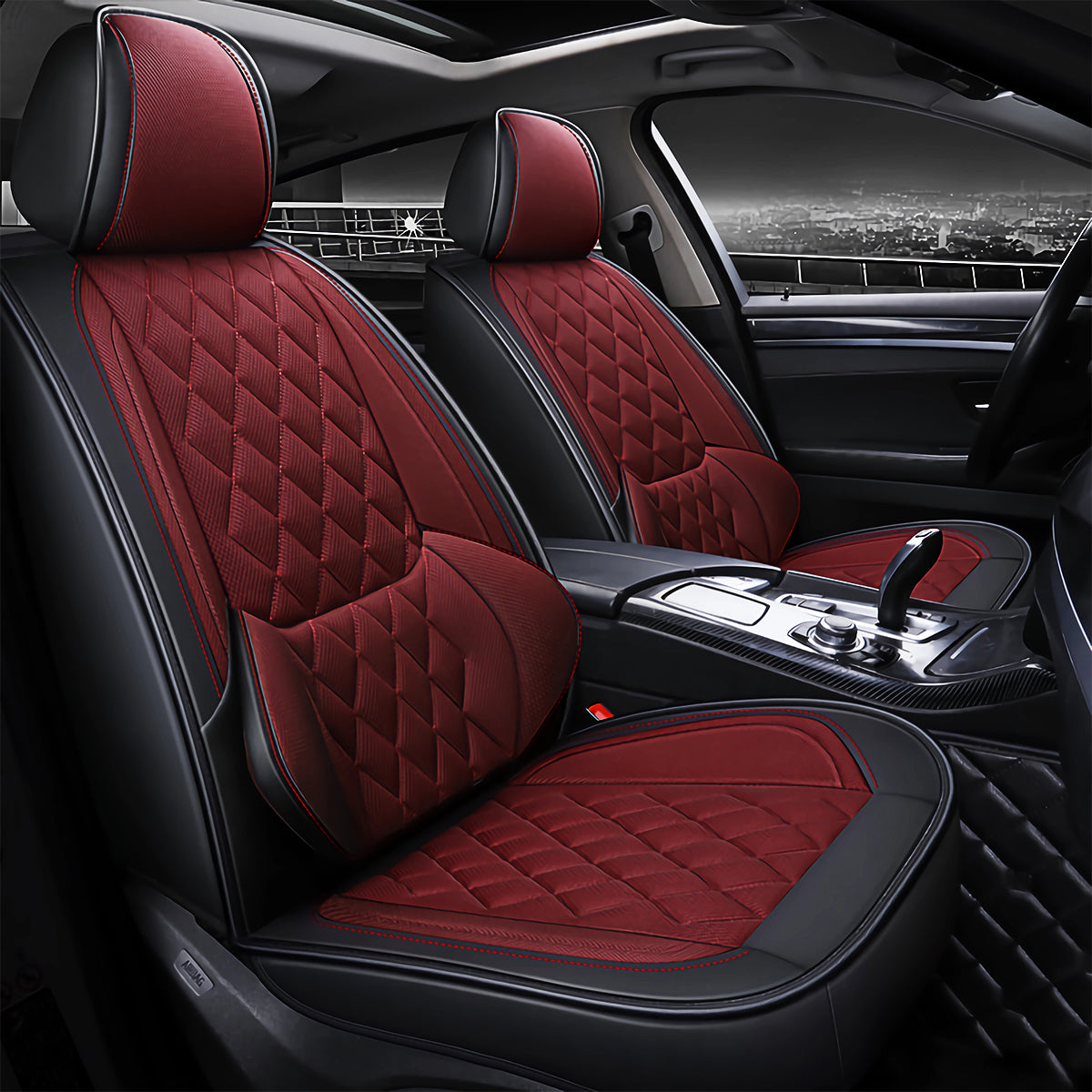 Universal Fit Faux Leather and Linen 5-Seater Car Seat Covers with Diamond Pattern and Integrated Waist Support