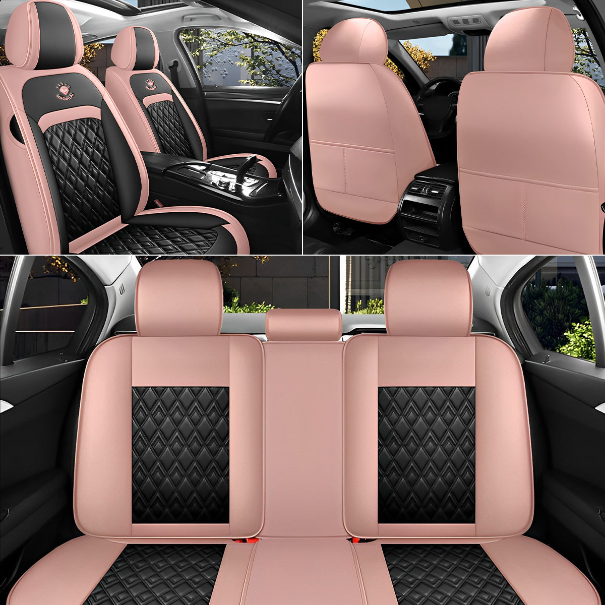 Universal Fit Car Seat Cover Full Set for 5-Seater Sedan SUV Diamond Pattern Faux Leather Vehicle Cushion Cover