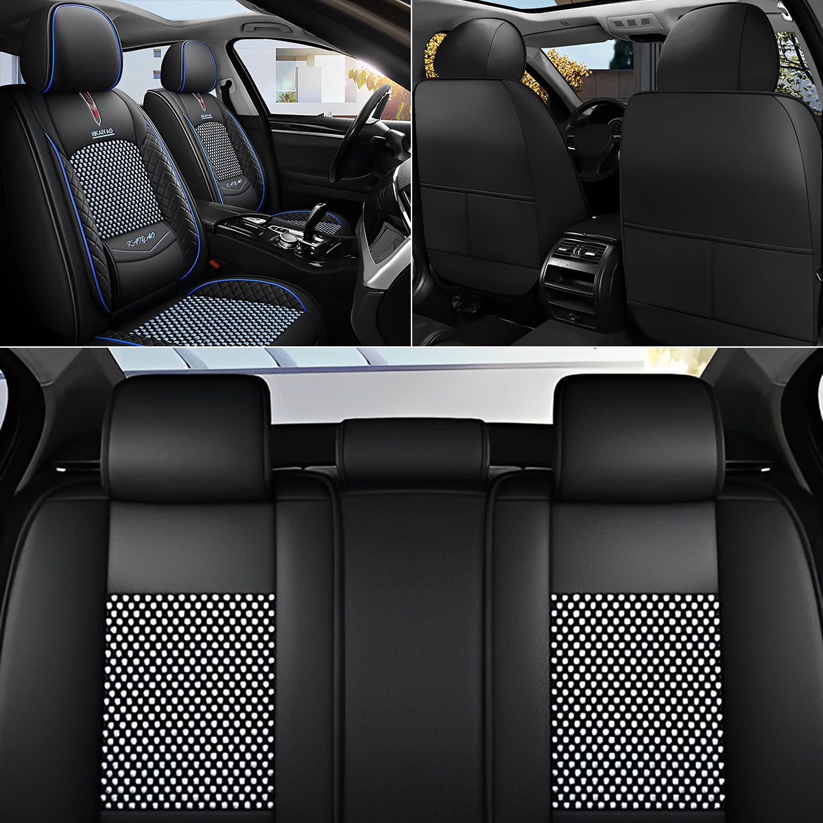 Cooling Fabric and Faux Leather Universal Fit Car Seat Covers with Basketweave Pattern for 5-Seat Sedan SUV