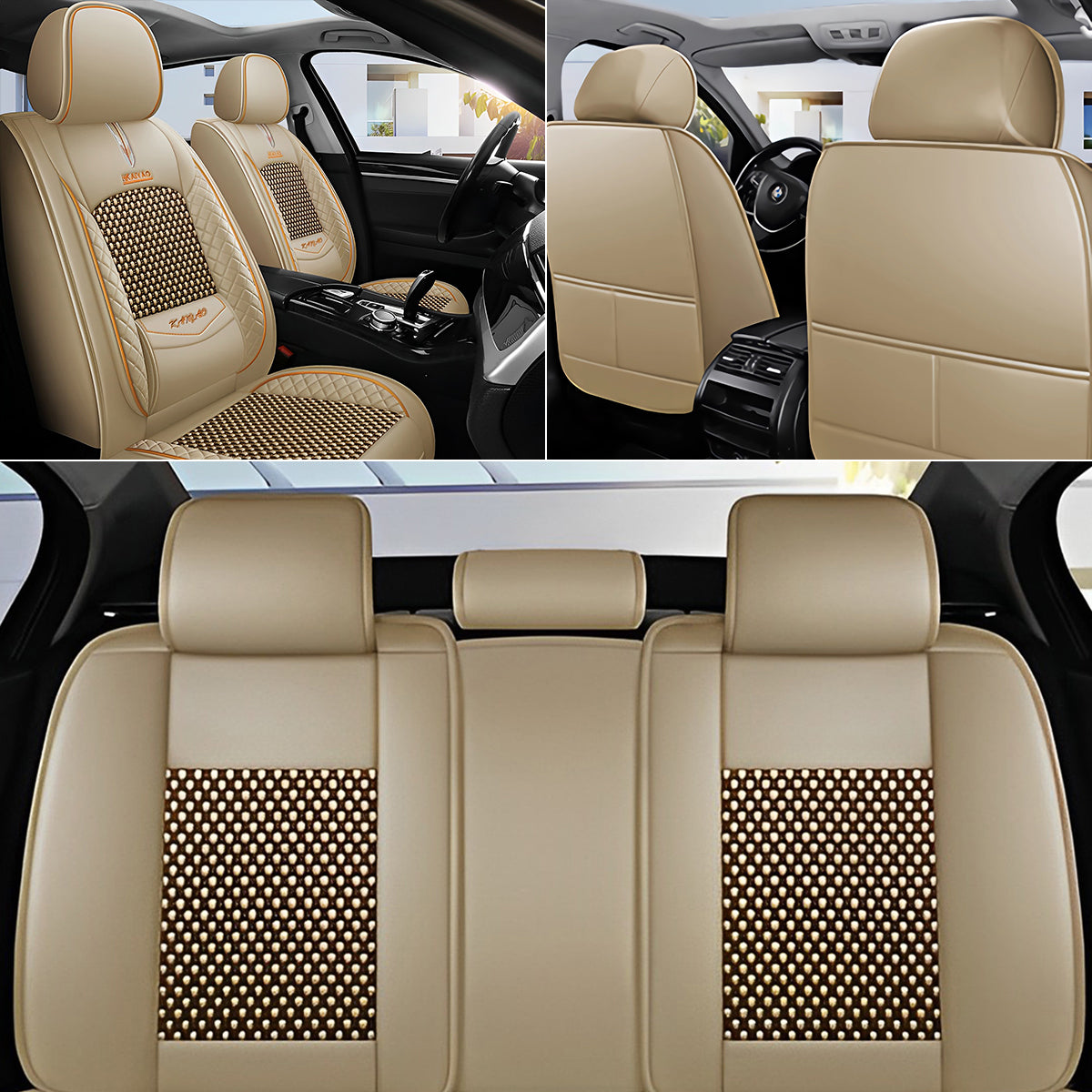 Cooling Fabric and Faux Leather Universal Fit Car Seat Covers with Basketweave Pattern for 5-Seat Sedan SUV