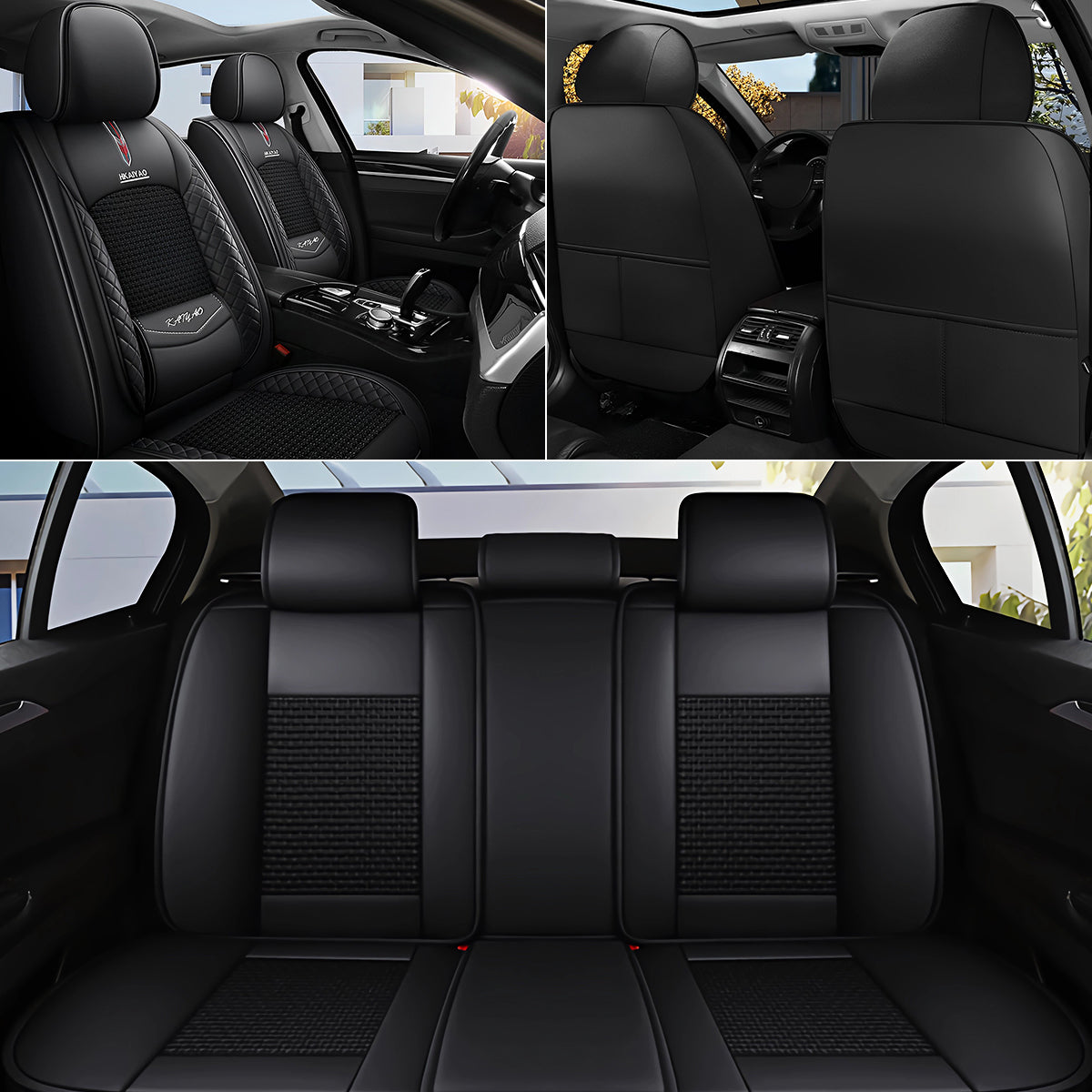 Cooling Fabric and Faux Leather Universal Fit Car Seat Covers with Basketweave Pattern for 5-Seat Sedan SUV