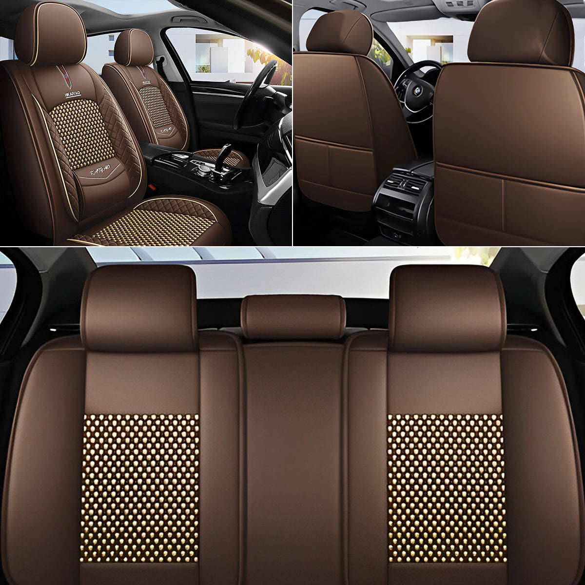 Cooling Fabric and Faux Leather Universal Fit Car Seat Covers with Basketweave Pattern for 5-Seat Sedan SUV