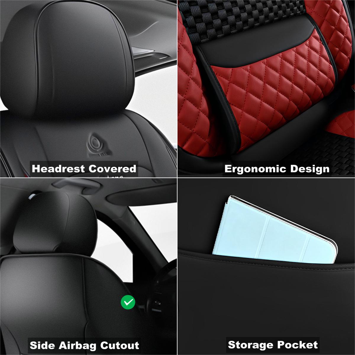 Cooling Polyester Fabric and Faux Leather Car Seat Covers with Checkered Pattern for 5-Seat Sedan SUV