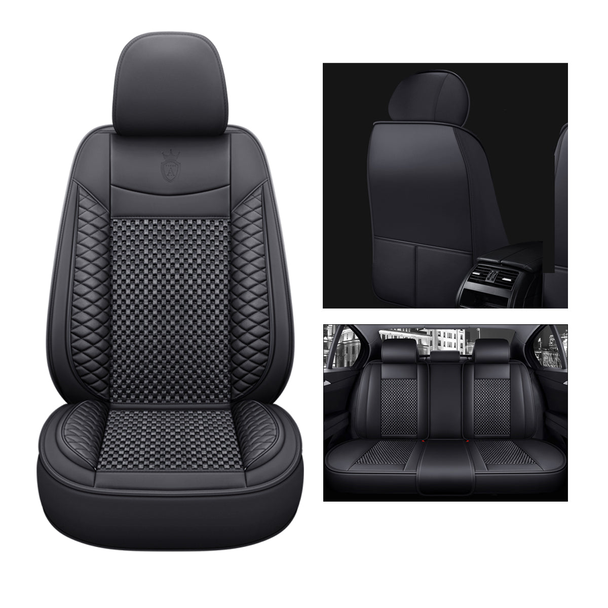 Cooling Fabric and Faux Leather 5-Seat Car Seat Covers with Basketweave Pattern Universal Fit