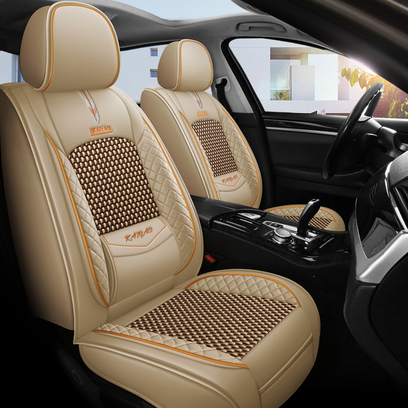 Cooling Fabric and Faux Leather Universal Fit Car Seat Covers with Basketweave Pattern for 5-Seat Sedan SUV