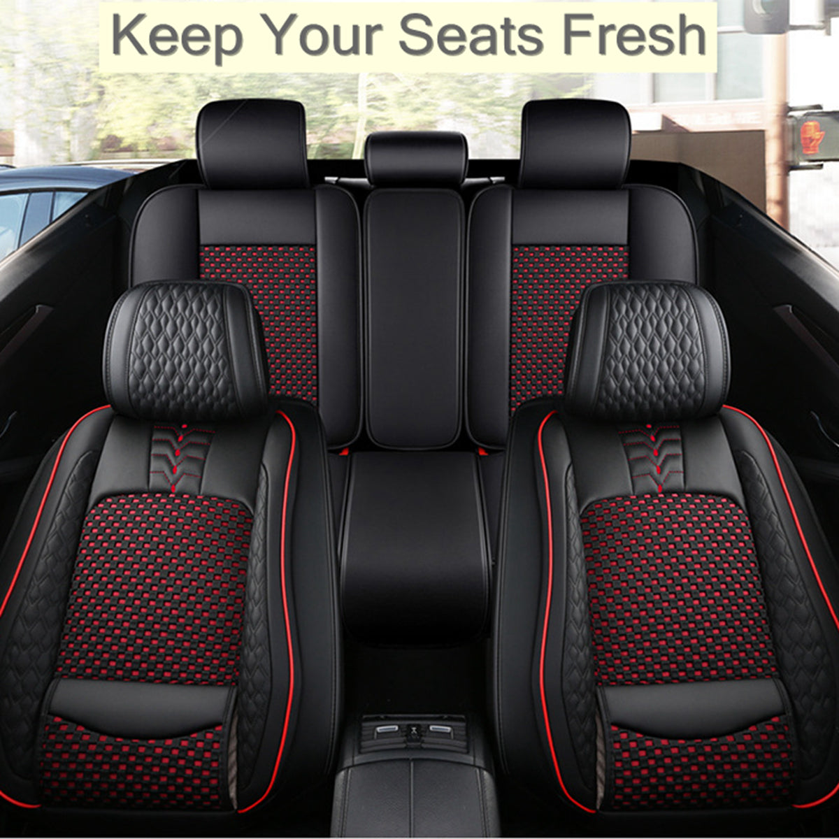 Cooling Fabric and Leatherette Car Seat Covers for 5-Seat Sedan SUV Universal Fit, Checkered Pattern