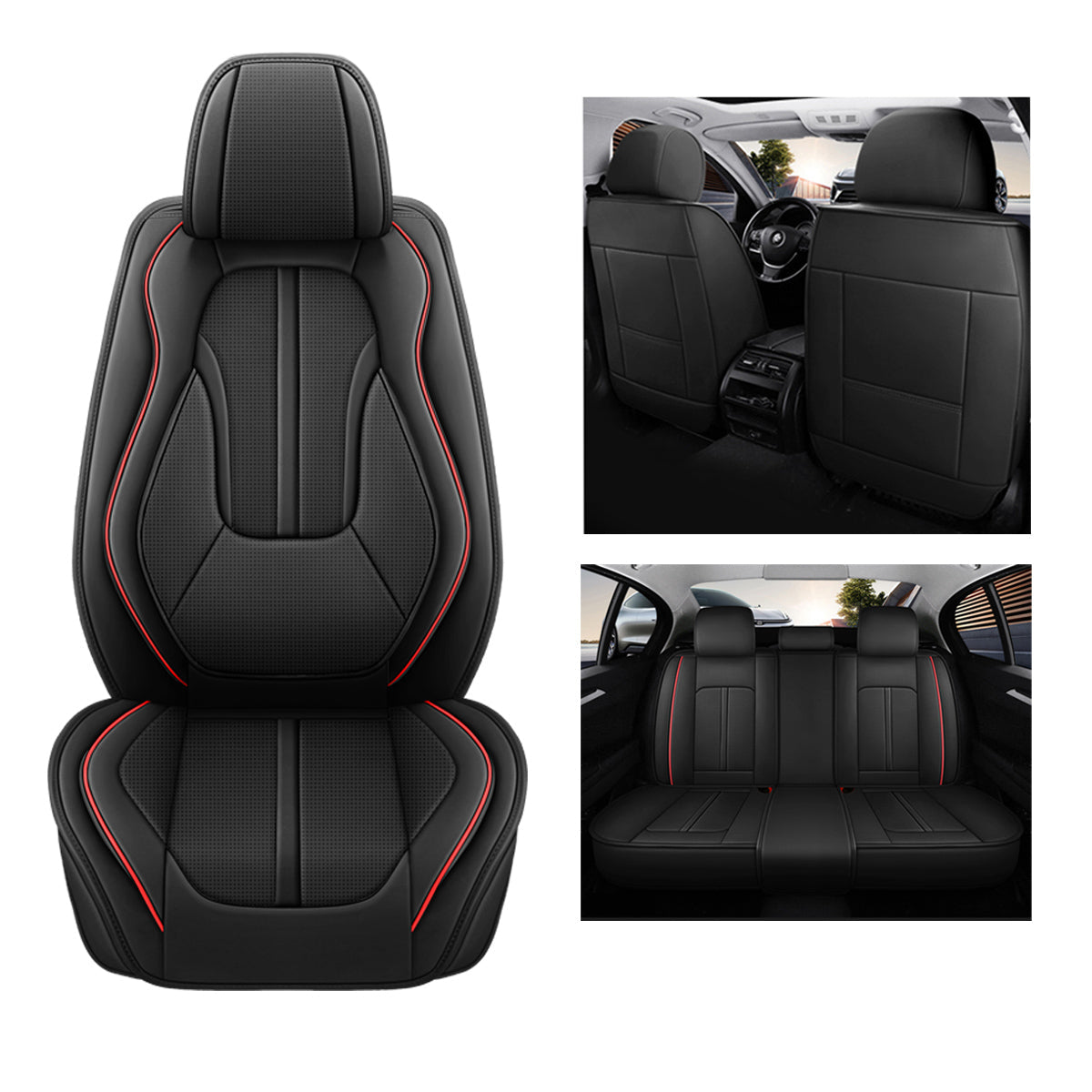 Sport Theme Car Seat Cover for 5-Seater Sedan SUV, Universal Fit Microfiber Leather Full Set Cushion Covers