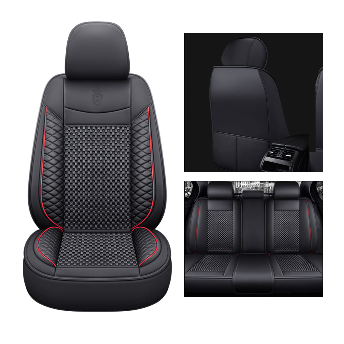 Cooling Fabric and Faux Leather 5-Seat Car Seat Covers with Basketweave Pattern Universal Fit