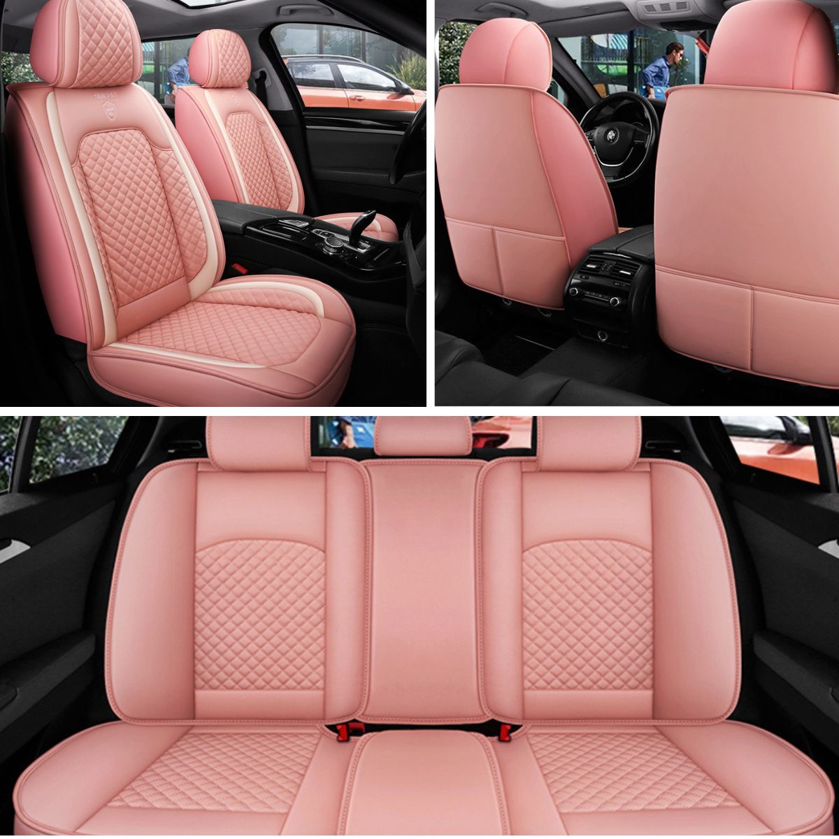 Universal Fit Car Seat Cover for 5-Seater Sedan SUV Diamond Pattern Faux Leather Vehicle Cushion Cover Full Set